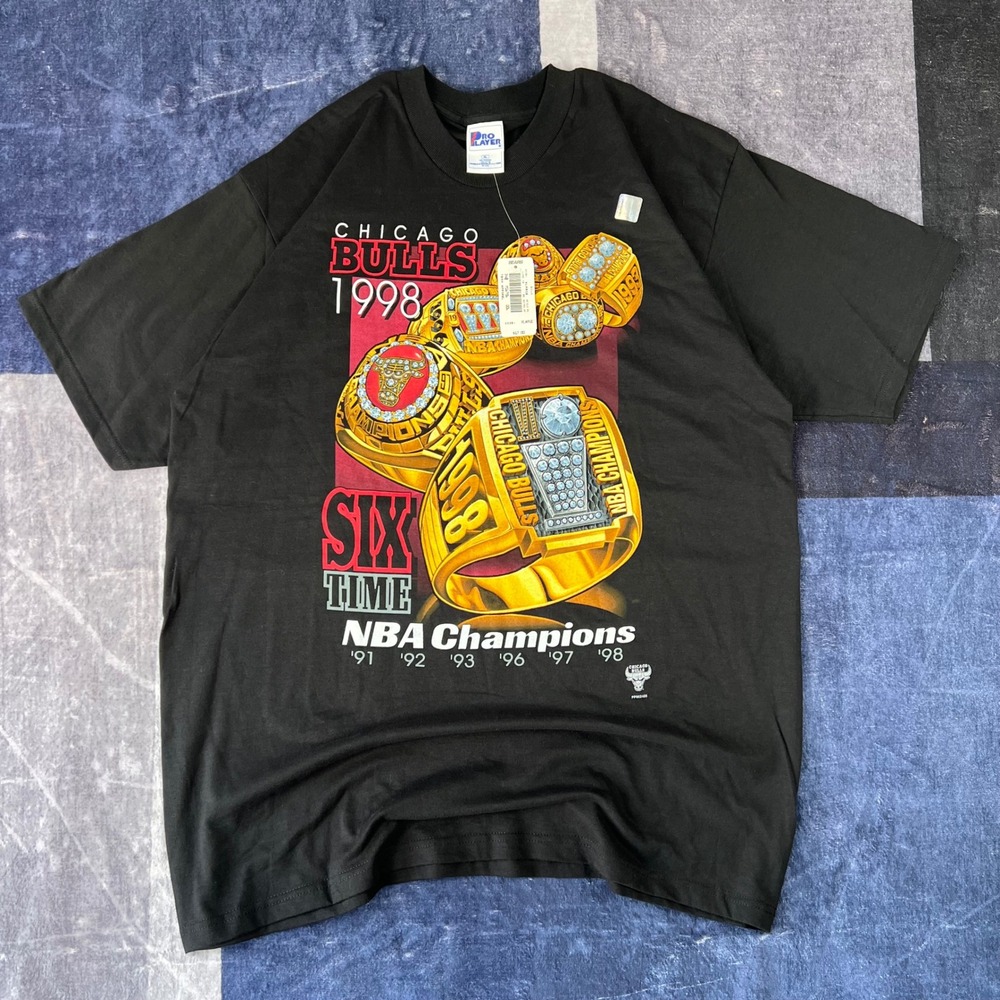 Vintage 1998 Chicago Bulls Six Time NBA Champions T-Shirt Black Mens XL NWT